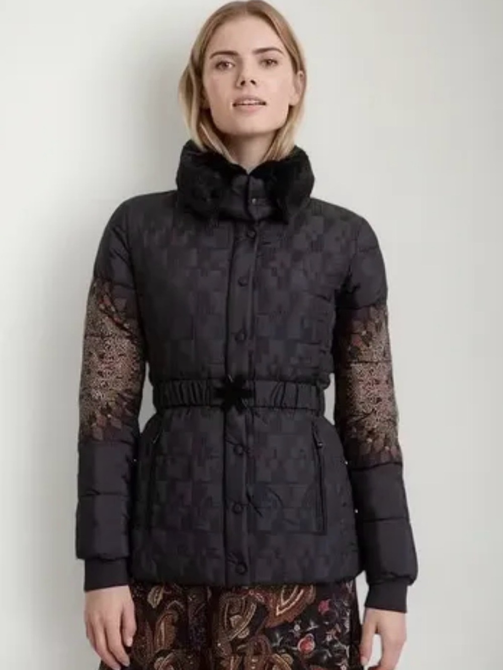 New🐦‍⬛Desigual Aggu Black Quilted Puffer Jacket 40 M-L belted removable fur